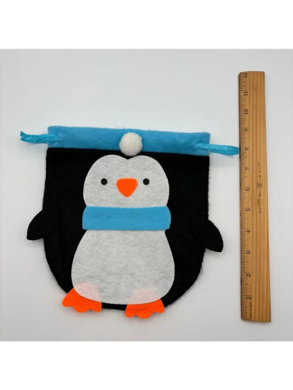 Winter Penguin Drawstring Pouch Felt Handmade Craft Christmas Holiday Gift Bag